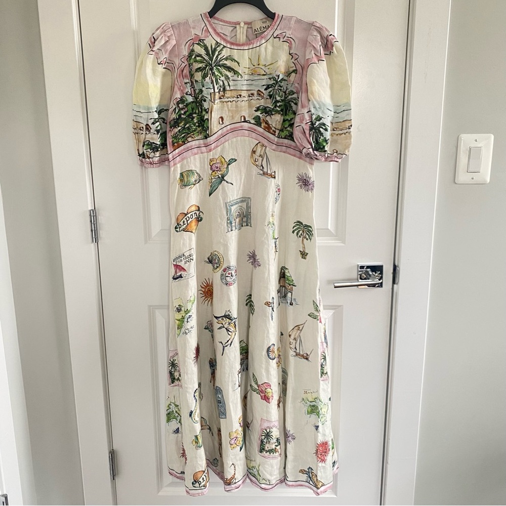 Alemais | Cream Midi Dress with Pastel Pink Trim and Tropical Print - sz 6 (us) - Picture 5 of 11